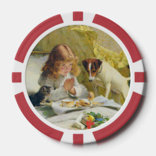 Vintage meisje dat bidt met kat en hond Kunst Susp Poker Chips