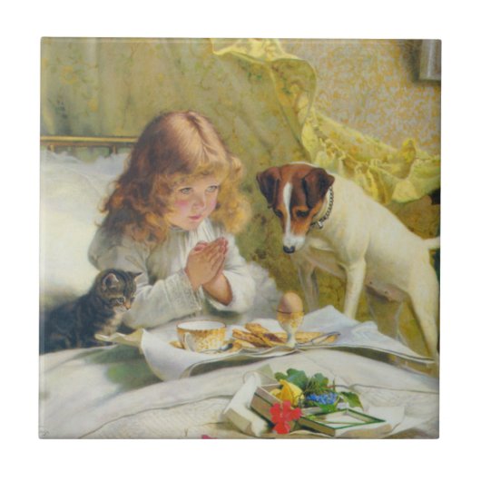 Vintage meisje dat bidt met kat- en hondenkunst su tegeltje (Voorkant)