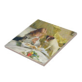 Vintage meisje dat bidt met kat- en hondenkunst su tegeltje (Zijkant)