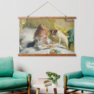 Vintage Meisje dat bidt met Kat & Hond Kunst Suspe Hangend Wandkleed