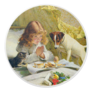 Vintage Meisje dat bidt met Kat & Hond Kunst Suspe Keramische Knop