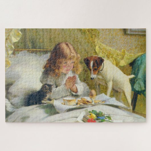Vintage Meisje dat bidt met Kat & Hond Kunst Suspe Legpuzzel (Horizontaal)