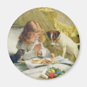 Vintage meisje dat bidt met kat & hond kunst suspe magneet