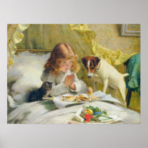 Vintage Meisje dat bidt met Kat & Hond Kunst Suspe Poster