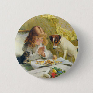 Vintage Meisje dat bidt met Kat & Hond Kunst Suspe Ronde Button 5,7 Cm