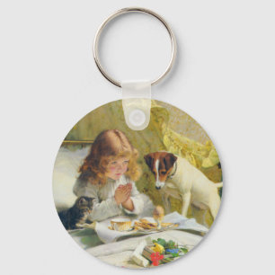 Vintage Meisje dat bidt met Kat & Hond Kunst Suspe Sleutelhanger