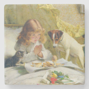 Vintage meisje dat bidt met kat & hond kunst suspe stenen onderzetter