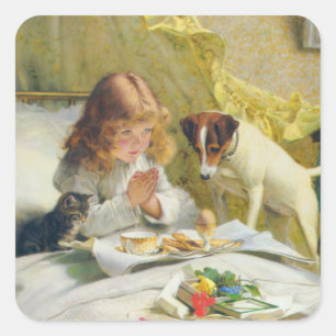 Vintage Meisje dat bidt met Kat & Hond Kunst Suspe Vierkante Sticker