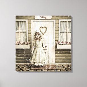 Vintage meisje dat staat bij een retro huisje canvas afdruk