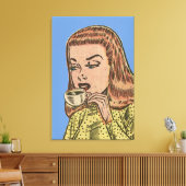 Vintage meisje dat thee drinkt canvas afdruk (Insitu (Woonkamer))