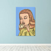 Vintage meisje dat thee drinkt canvas afdruk (Insitu (Houten vloer))