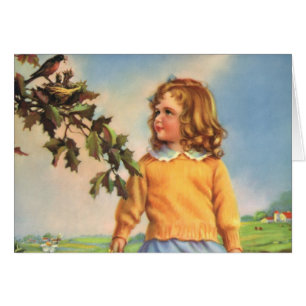Vintage meisje dat vogels in een boom bekijkt, len