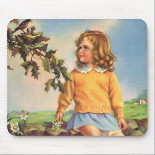 Vintage meisje dat vogels in een boom bekijkt, len muismat
