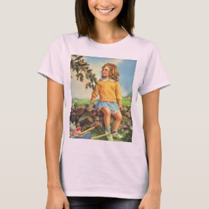 Vintage meisje dat vogels in een boom bekijkt, len t-shirt