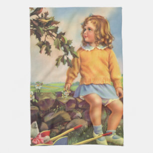 Vintage meisje dat vogels in een boom bekijkt, len theedoek