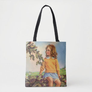 Vintage meisje dat vogels in een boom bekijkt, len tote bag