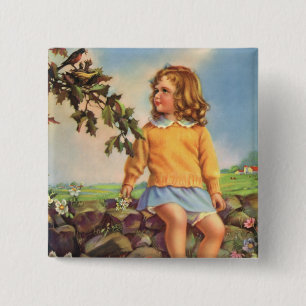 Vintage meisje dat vogels in een boom bekijkt, len vierkante button 5,1 cm