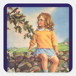 Vintage meisje dat vogels in een boom bekijkt, len vierkante sticker
