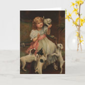 Vintage - Meisje en Haar Huisdieren, Kaart (Gele Bloem)