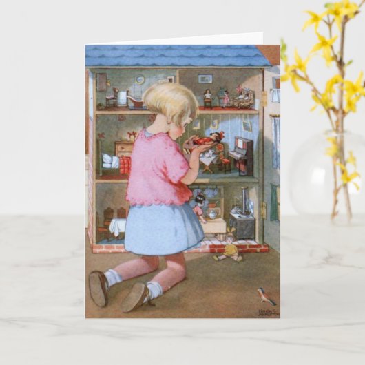 Vintage - Meisje en poppenhuis, Kaart (Gele Bloem)