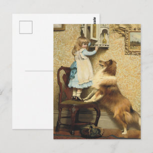 Vintage Meisje en Sheltie Hond Kunst Geheim Plek Briefkaart