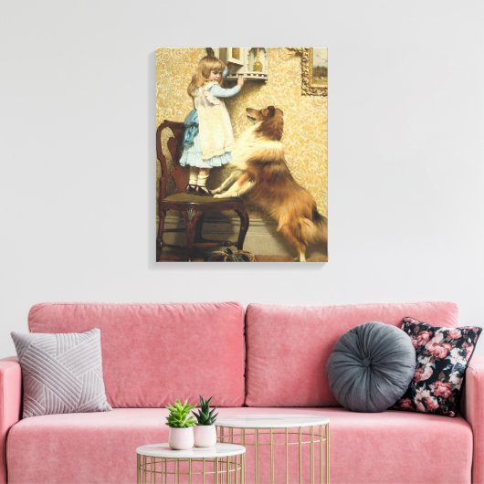 Vintage Meisje en Sheltie Hond Kunst Geheim Plek Canvas Afdruk (Insitu (Woonkamer))