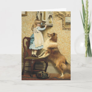 Vintage Meisje en Sheltie Hond Kunst Geheim Plek Feestdagen Kaart