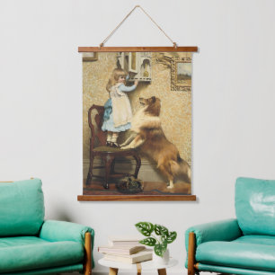 Vintage Meisje en Sheltie Hond Kunst Geheim Plek Hangend Wandkleed
