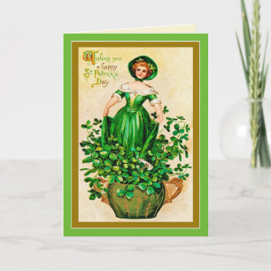 Vintage Meisje Groene Jurk Klavers St. Patrick's D Kaart