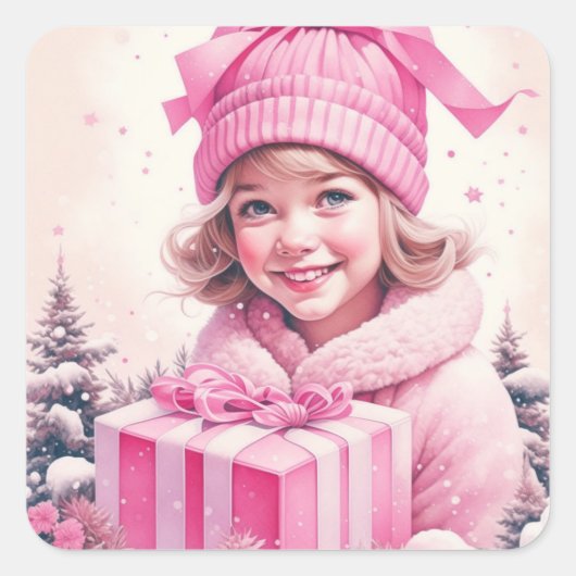 Vintage Meisje in Roze met Cadeausdoos Vierkante Sticker (Voorkant)