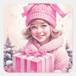 Vintage Meisje in Roze met Cadeausdoos Vierkante Sticker