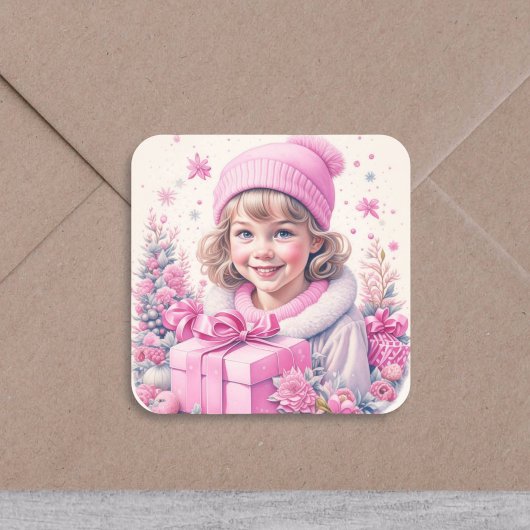 Vintage Meisje in Roze met Cadeausdoos Vierkante Sticker