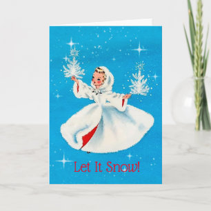 Vintage meisje laat het sneeuwen kerstkaart kaart