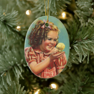 Vintage meisje met baby kuiken, gelukkig kind lach keramisch ornament