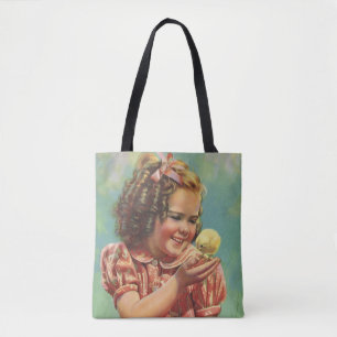 Vintage meisje met baby kuiken, gelukkig kind lach tote bag