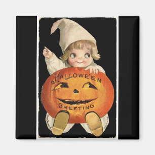 Vintage Meisje met de Grote Pompoen van Halloween Magneet
