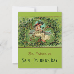 Vintage meisje met klaver op St. Patrick's Day Feestdagenkaart