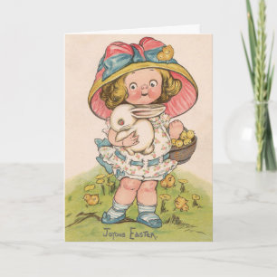 Vintage Meisje Met Konijn Pasen Wenskaart Kaart