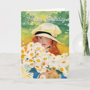 Vintage Meisje met Madeliefjes Feestdagen Kaart