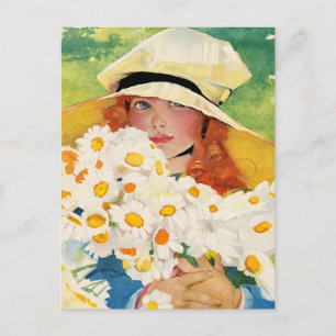 Vintage Meisje met Madeliefjes Feestdagenkaart