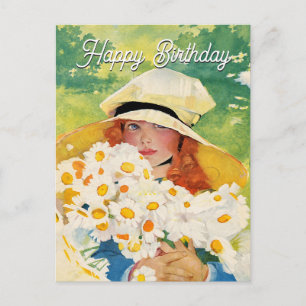 Vintage Meisje met Madeliefjes Feestdagenkaart