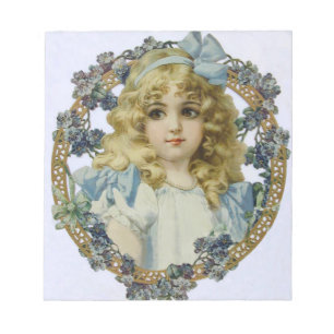 Vintage Meisje met Mooie Bloemen en Strikje Notitieblok