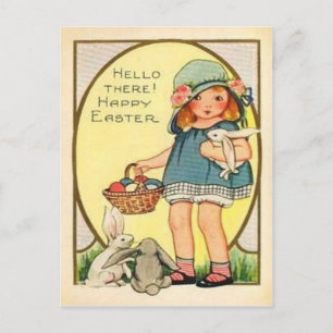 Vintage Meisje Met Paashaas & Eieren Pasen Feestdagenkaart
