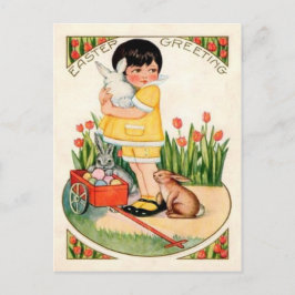 Vintage Meisje Met Paashaas & Eieren Pasen Feestdagenkaart