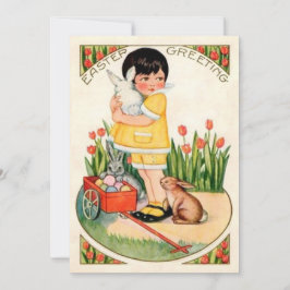 Vintage Meisje Met Paashaas & Eieren Pasen Feestdagenkaart