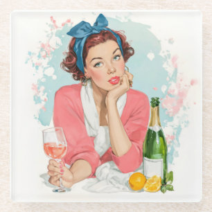 Vintage Meisje met Roze Champagne Glazen Onderzetter