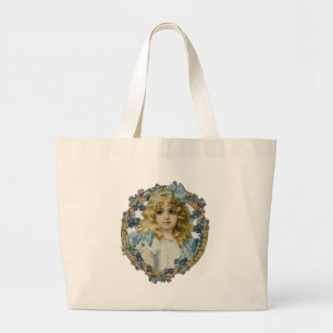 Vintage meisje met victoriaanse blauwe strik en bl grote tote bag