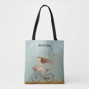 Vintage Meisje op Fiets Bloemen Markt Tote Bag