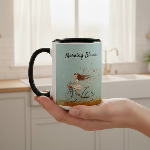 Vintage Meisje op Fiets Gepersonaliseerd Bloemmoti Tweekleurige Koffiemok