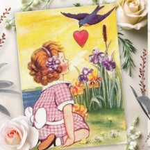 Vintage Meisje & Valentijnbriefje Van Vogel